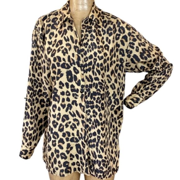 VTG Stunt 100% Silk Leopard Print Button Front Blouse Top S #303B - Picture 1 of 7